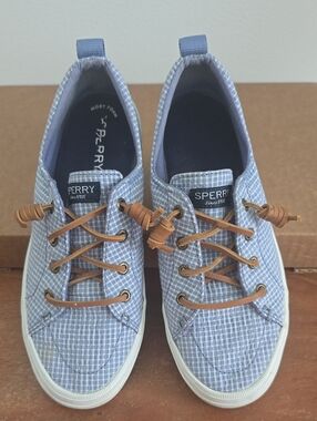 Sperry Blue Plaid Casual Boat Sneakers with Tan Laces